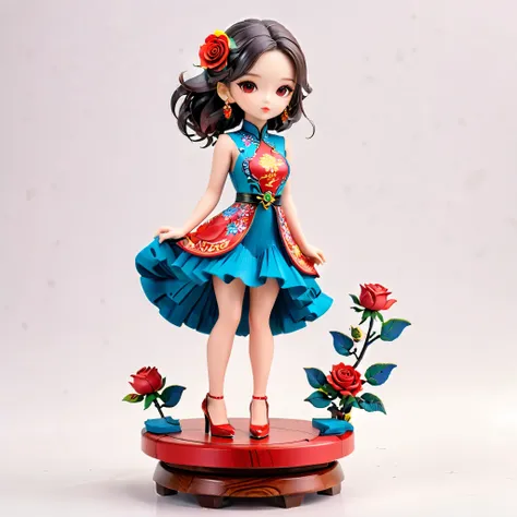 (Blind Box Spielzeug Stil:1.2),full body, solo,white background,(1 Beautiful girl Models ,Stand on a round wooden base，red rose dress, high heels),(Oriental elements, Chinese color,Very colorful),3D