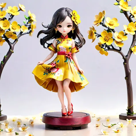 (Blind Box Spielzeug Stil:1.2),full body, solo,white background,(1 Beautiful girl Models ,Stand on a round wooden base，yellow Plum Blossom dress, high heels),(Oriental elements, Chinese color,Very colorful),3D