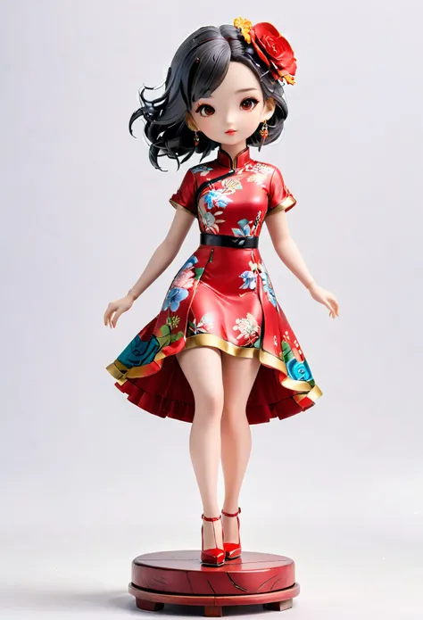 (Blind Box Spielzeug Stil:1.2),full body, solo,white background,(1 Beautiful girl Models ,Stand on a round wooden base，red rose dress, high heels),(Oriental elements, Chinese color,Very colorful),3D