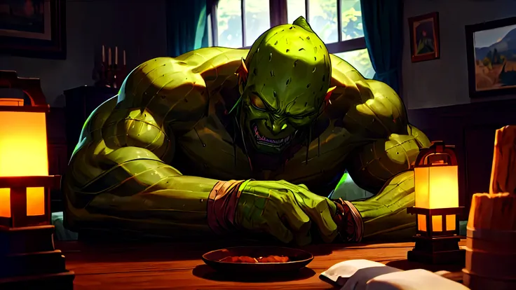 A giant, terrifying male with green skin is asleep on the dining table. The room had a lantern and was dark.