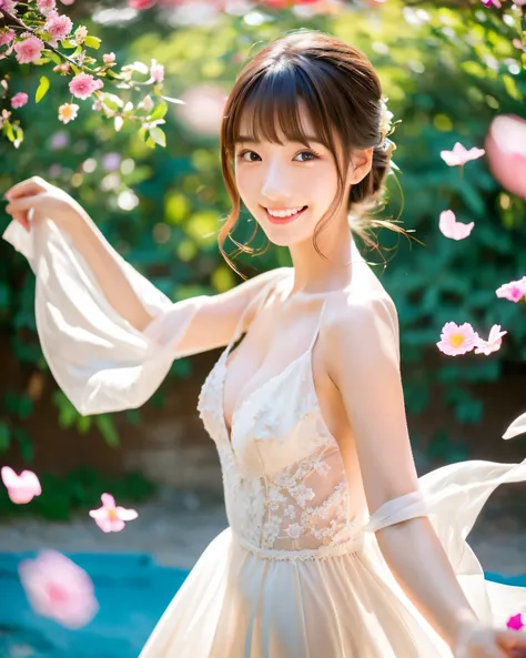 (highest quality, 8k, High resolution, masterpiece:1.5, ), beautiful japanese girl, 18-year-old, perfect human anatomy, big magic eyes, Smile, shiny brown hair, beautiful side ponytail, asymmetrical bangs, smooth and soft skin, white sexy bridal dress, fin...