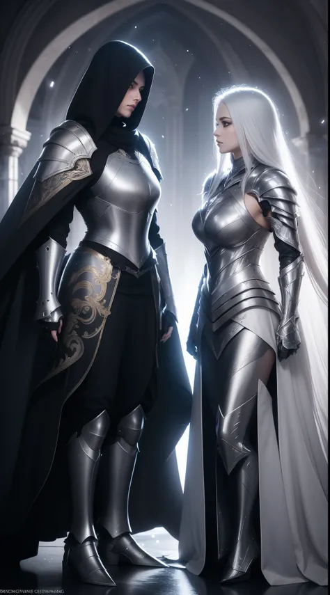 Masterpiece, beautiful detailed realistic definition, ((two female knight Standing in front of each other, face-to-face)), Two knights clashing with each other, Fighter female, Warrior female, Mecha, full auras, silver aura, cover with aura, (arrogant), (r...