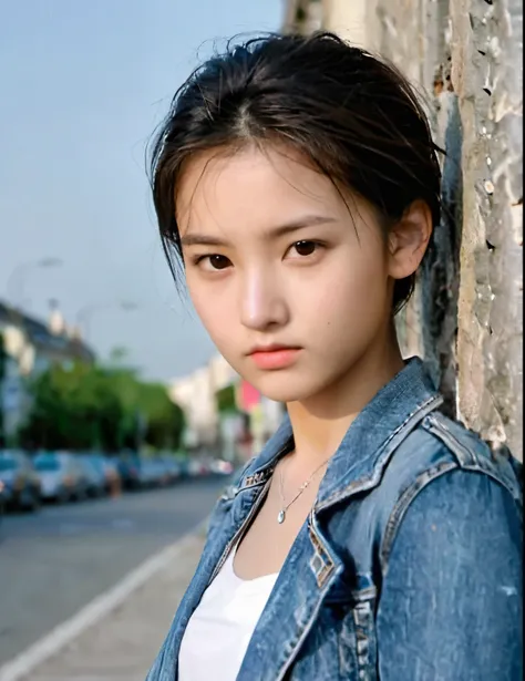 18 years old girl, (extreme detailed face, detailed skin), upper body, jeans, street, outdoor,