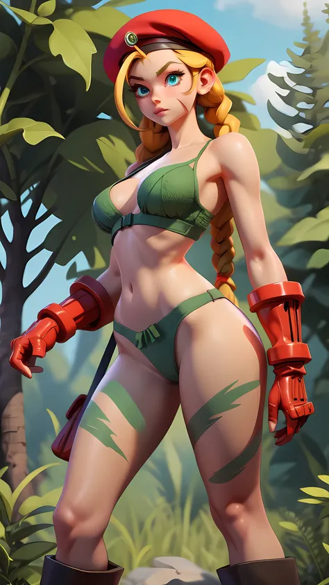 masterpiece, best quality, highres, 1girl, cammy white, twin braids, long hair, blonde hair, antenna hair, beret, (red headwear:1.3), blue eyes, scar on cheek, (((green lingerie))), large boob 36 DD, sleeveless, red gloves, fingerless gloves, camouflage, c...