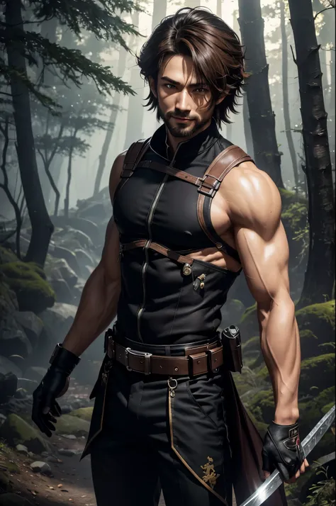 8k,Young boy with fancy brown medium bob hair,challenging atmosphere,muscular slim body,super realistic skin,Severely cracked abdominal muscles,black combat uniform,white inner shirt,Black combat pants,In the forest with a large and long Japanese sword,nau...