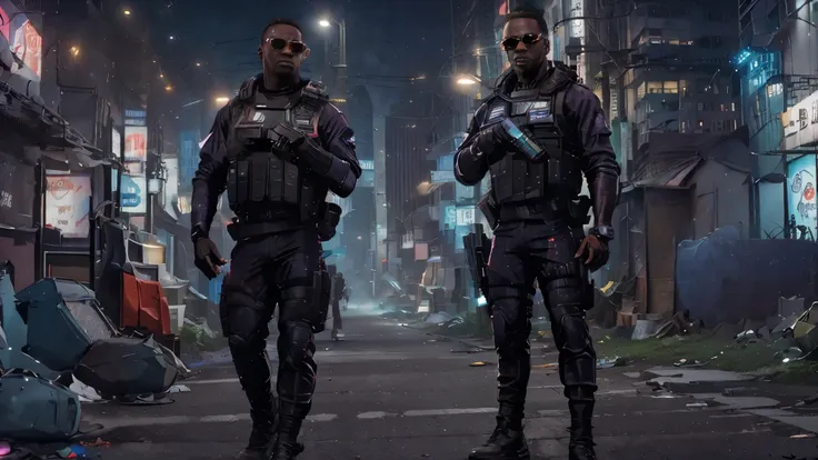 (best quality,4k,8k,highres,masterpiece:1.2), ultra-detailed, realistic, HDR, dark-skinned, African-American police officer saluting with neon glasses, futuristic cyberpunk style, vibrant colors, dramatic lighting, cityscape background, glowing neon signs,...