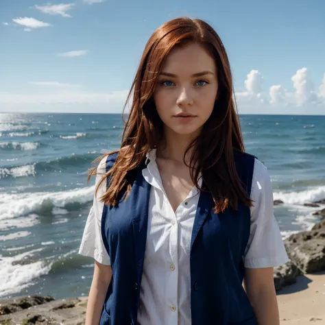 a young woman with long red hair blue eyes and a vest on standing in front of the ocean with a blue sky, (1girl:0.955), (bangs:0.575), (black eyes:0.572), (black hair:0.709), (blue sky:0.985), (closed mouth:0.536), (cloud:0.927), (day:0.980), (horizon:0.81...