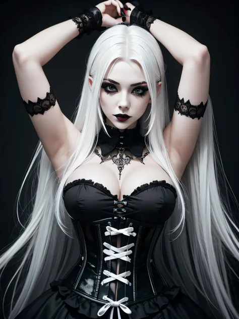 goth girl, white hair, heavy goth makeup, portrait, dark, corset, armpit