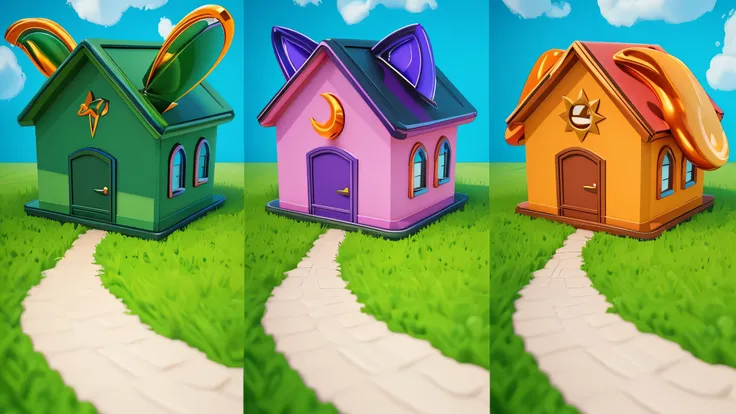 three houses of different colors with a white line in the grass, in a Candy Land style house, stylized 3d render, stylized 3D rendering, sunshine and quaint houses, 3D rendering stylized, 3D icon for mobile game, Colorful Warcraft Architecture, cartoon key...