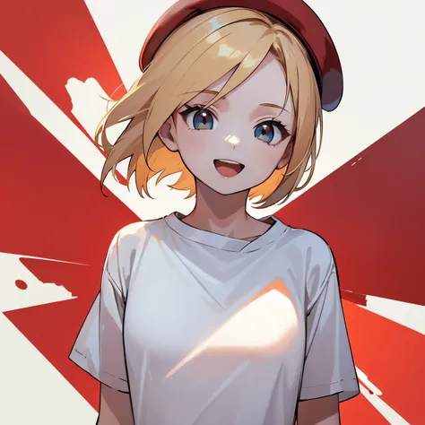 1girl,Best Quality,Masterpiece,Blonde,(Front:1.2),short hair,(plain white tshirts:1.5),blown black eyes,flat chest,adult,gloss skin,open mouth,(red beret:1.4),smile:1.5,The background is plain,