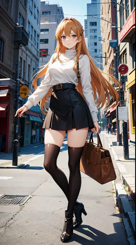 Asuna from Sword Art Online wearing a light brown sweater, a black skirt and high heel boots