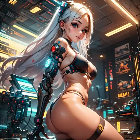 Generate a high-quality 16k image using advanced rendering techniques such as photon mapping, radiosity, and physical rendering with automatic white balance. The image should feature a beautiful, 18-year-old cyber punk girl with smooth, soft skin, visible ...