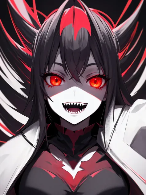 1 girl , night hunter, glowing red eyes, night, sharp teeth, open mouth, mischievous smile, scary, close up hard lighting, Best quality, difficult, very detailed, Masterpiece