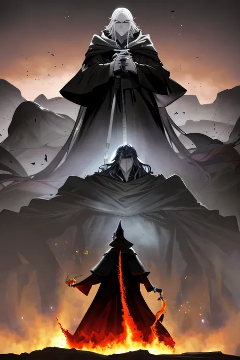 In the depths of a magnificent, ultra-detailed cavern, a solitary figure stood against the backdrop of an atmospheric scene. The man, clad in a long, hooded robe of the finest black fabric, wielded a brilliant, fantasy sword in one hand. Mystery surrounded...