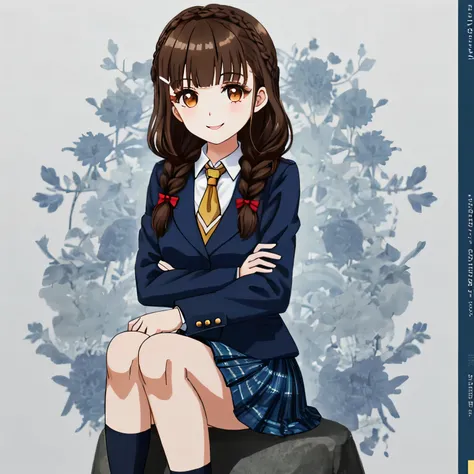 highest quality, (masterpiece:1.2), very detailed, Standing figure of a girl looking and smiling, Glossy lips that make you want to kiss, nice smile, brown eyes, (((dark brown hair))), 15 years old, long braids, big shiny hair clip, school uniform, Dark bl...