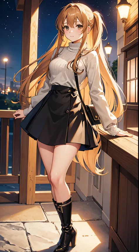 Asuna from Sword Art Online wearing a light brown sweater, a black skirt and high heel boots