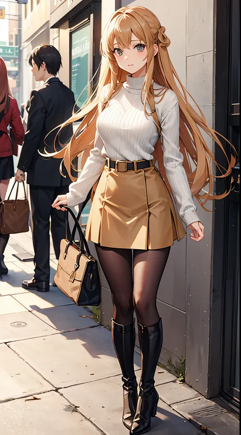 Asuna from Sword Art Online wearing a light brown sweater, a black skirt and high heel boots