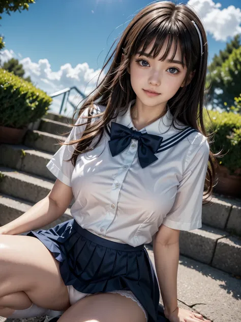 (masterpiece:1.3), (8K、photorealistic, Raw photo, best quality:1.2), (solo), (1 girl), (so beautiful:1.3), ((very beautiful 18 year old japanese girl)), (Symmetrical perfect face), (beautiful brown hair, bangs), hair is messy, (intense black eyes, strong e...