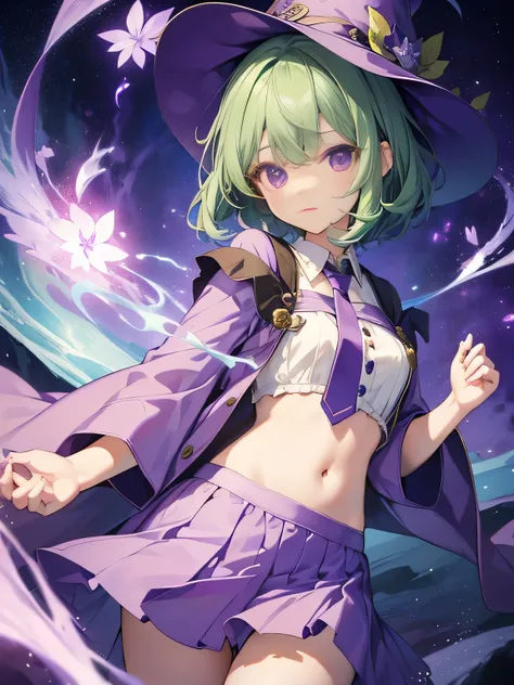 highest quality、very delicate and beautiful、(teenage girl)、purple eyes、green hair、short hair、(Purple Witch Hat)、purple tie、I、short sleeve、purple skirt、purple wizard&#39;robe of、navel pussy、Are standing、facing forward、