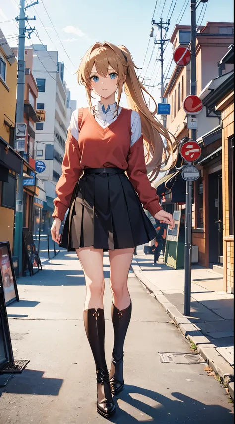 Asuna from Sword Art Online with a ponytail and bow, wearing a light brown sweater, a black skirt and high heel boots