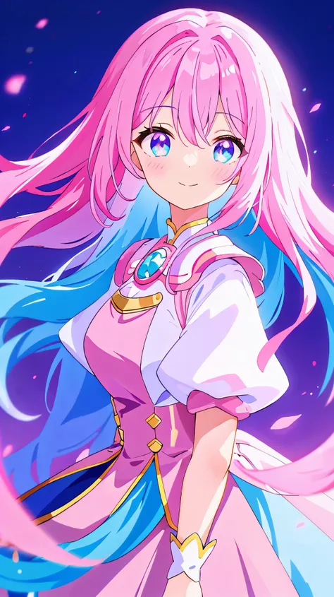 masterpiece、high resolution、beautiful girl、gradient pink and blue hair、lots of pink、virtual、smile、an illustration、standing pictu...