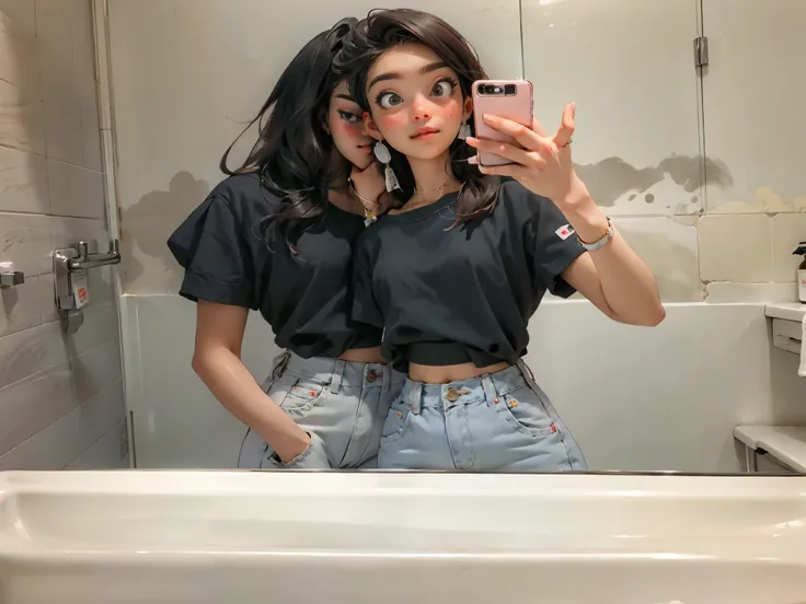 A woman takes a selfie in the bathroom mirror,  21 years old, 22 years old, clothing photos, 😭 🤮 💕 🎀, 👅 👅， 24 years old, Casual wear, 