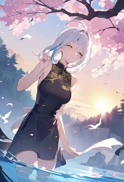 Shirakami Fubuki/(Holographic live broadcast/), top quality, ink painting style, Fresh and elegant, clear lake water, Cherry blossoms fall with the sunset，white hair, Black cheongsam golden pattern girl, Ride the flower wind to blow your head, A forest dot...