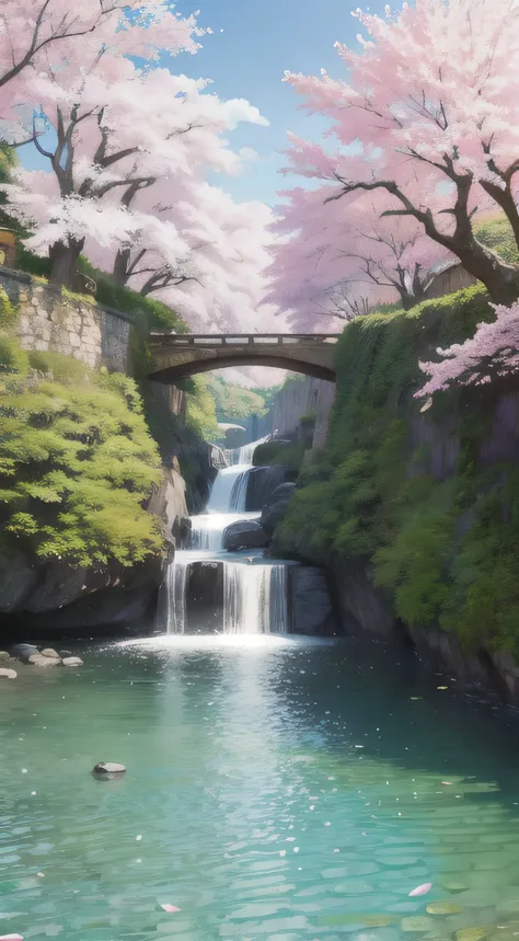 masterpiece, highest quality, highest quality, official art,very detailed, colorful, most detailed, branch, river, cherry blossoms, petal, landscape,wood, null, landscape、Japan、nature、landscape、8ｋ、