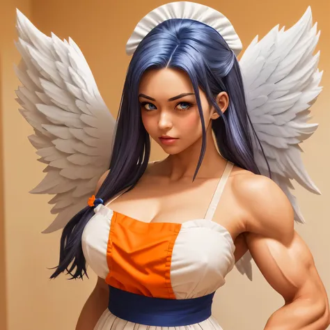 Maid with angel wings, with indigo hair and beige eyes in a full orange maid uniform, body with a lot of muscle, that looks like Broly physically