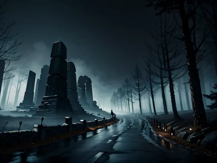 Horror art, Road of dark monoliths, high dark stones, cobblestone road, foggy, dark sky, dark art, highly detailed, extremely detailed, masterpiece