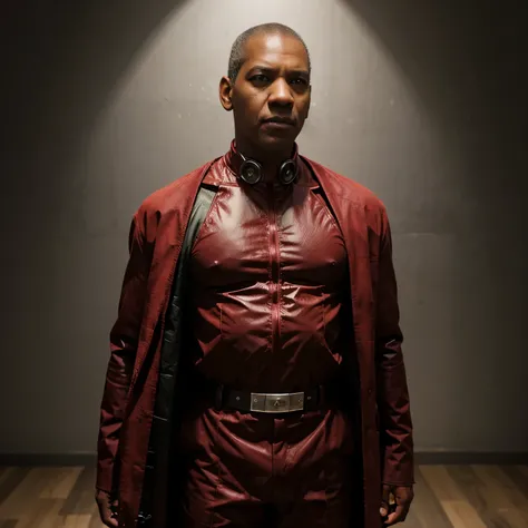 Crie 2 cosplays: 1. o ator Denzel Washington como Magneto, usando roupa e capacete vermelho. e 2. O ator  Gustavo Fring como Professor Xavier, careca e na cadeira de rodas, ambos inspirados quadrinho X-Men.