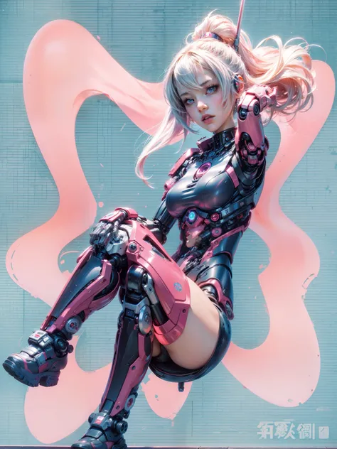 anime character with a sword and a pink background, biomechanical oppai, perfect android girl, cute cyborg girl, anime robotic mixed with organic, gynoid body, android heroine, cyberpunk anime girl mech, oppai cyberpunk, digital cyberpunk anime art, mechan...