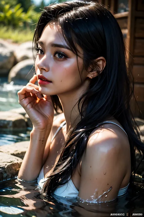 "({{1girl:1.1}} {{straight black hair:1.2}}), (artistic + masterpiece:1.4), (incredibly detailed eyes), brown skin, wearing medieval clothes)", Female, Drenched hair，The background is a hot spring，Lazy expression