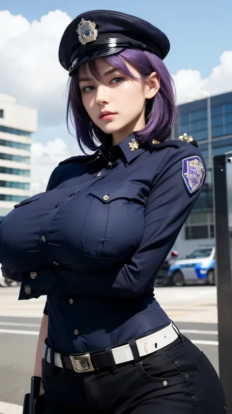 1girl,huge breast, purple hair, blue eyes,high quality, ultra detailed, masterpiece, realistic, police woman, police uniform ,train