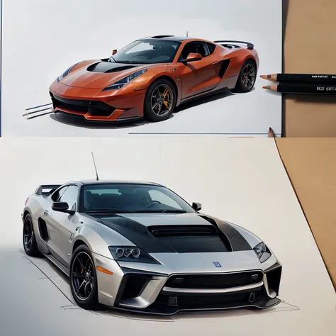 Draw a car with colored pencils, just outline the car in black and sketch a car from the front, side and back, a car from the future, a huge truck from the future