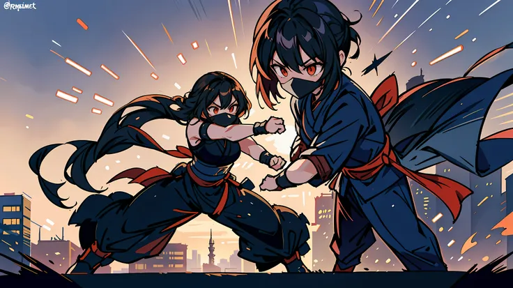 "Dynamic Anime Showdown: Female Masked Ninja Sunset Clash" | Generate an anime illustration depicting a dramatic and intense final showdown scene between two skilled female masked ninja. | Set the stage with a city skyline backdrop featuring tall, modern b...