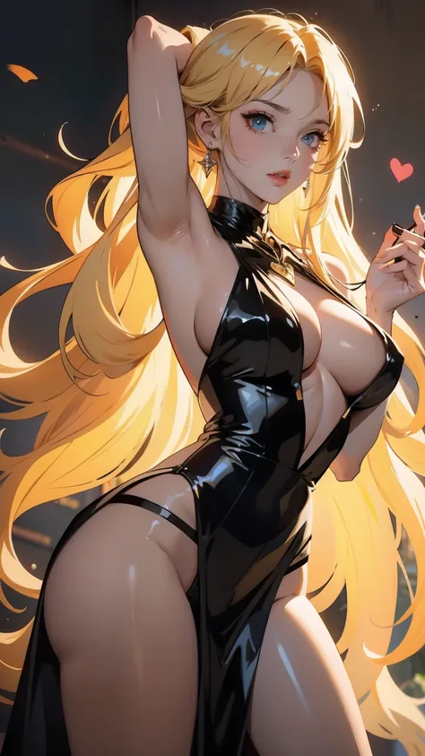 ((erotic masterpiece)), ((breathtaking)),  a captivating and stunning blonde-haired witch, dressed in a seductive black lace gown, enchanting figure, heart-shaped face and an hourglass body, exudes sultriness in her solo pose, long parted hair flows elegan...