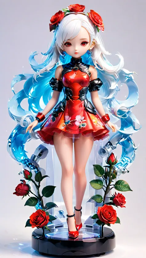 (Blind Box Spielzeug Stil:1.2),full body, solo,white background,(The future of robotic female robots，Beautiful girl face ,Stand on a round base，red rose  Transparency dress, high heels),(Oriental elements, Very colorful),3D