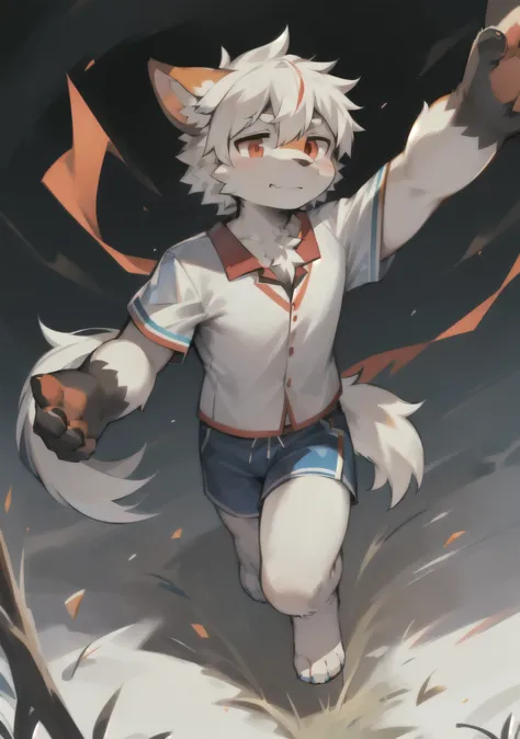 Eyes are bright，panoramic，Character focus，solo，hairy，hairy male，male focus，Hana charcoal，（Full body fur，hairy的尾巴，off-white fur，orange-red eyes，white hair，blue school uniform，blue shorts：1.2）background grassland，Running on the steppe