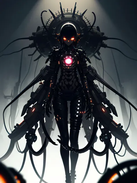 ((dark biopunk art)), (biopunk atmosphere), (biopunk horror), mechanical girl, mechanized girl, steelwork, ((black plating)), dark black skin, black skin, glowing mechanical hair, (short clothing), open belly, ((lots of tentacles)), lots of liquids, cold l...