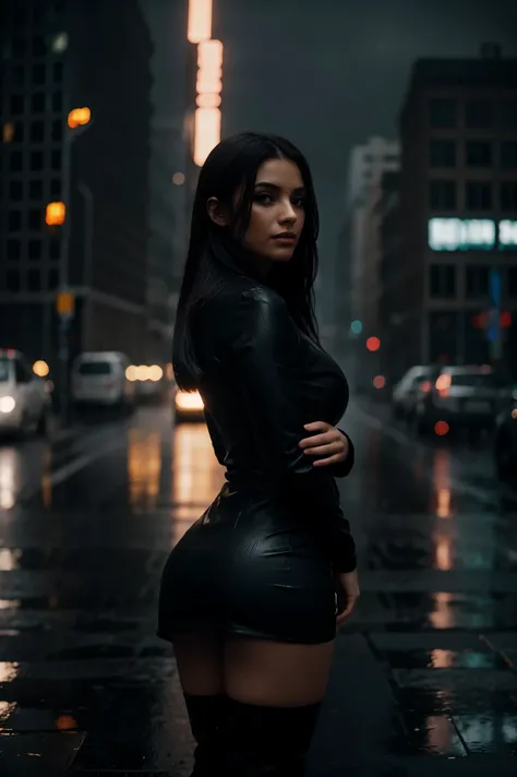 (the most beautiful milf in the world) straight hair wearing tight mini dress with knee high boots, high resolution, ultra-detailed photograph of a solitary character standing on the edge of a building, heavy rain pouring down, intense darkness, black tigh...