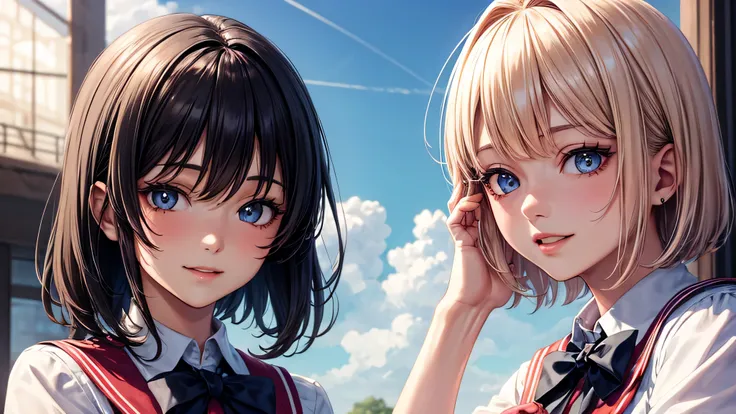 (2 girls:1.2), incredibly beautiful face,, shining smile, short bob, (school uniform, mini skirt:1.2), (highest quality: 1.4), (Super detailed), (highest quality:1.4), (super detailed), Day光, Sunny, cloud, Day,  blue sky, (anime illustration), very high re...