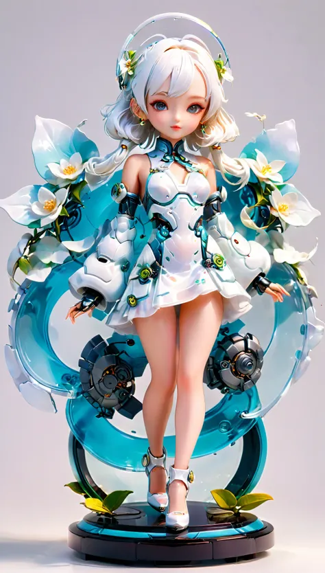 (Blind Box Spielzeug Stil:1.2),full body, solo,white background,(The future of robotic female robots，Beautiful girl face ,Stand on a round base，white Jasmine Transparency dress, high heels),(Oriental elements, Chinese color,Very colorful),3D