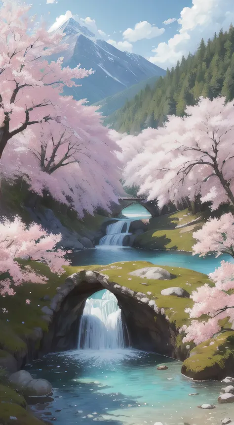 (masterpiece, highest quality, highest quality, official art,very detailed, colorful, most detailed, branch, mountains and rivers, cherry blossoms, petal, landscape, rain, wood, null, landscape、