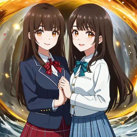 highest quality, (masterpiece:1.2), very detailed, Two girls looking at the viewer and smiling, Glossy lips that make you want to kiss, nice smile, brown eyes, (((dark brown hair))), 15 years old, Shining bob hair, school uniform, Dark blue and navy plaid ...