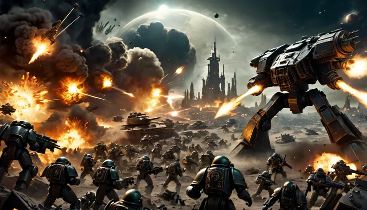 (best quality,Super detailed),Warhammer 40k,The final battle,Gloomy atmosphere,Heroic warriors,huge armies,overwhelming firepower,dystopian cityscape,Explosion and chaos,weird lights,Metal armor and weapons,cybernetic enhancement,alien creature,Detailed ba...