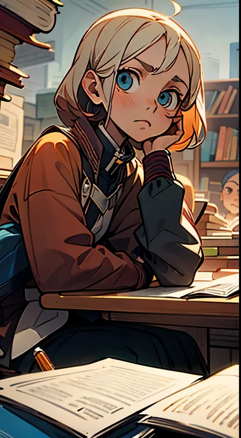 A was sitting at a table full of stationery and books.. She tilted her head in thought and confusion., her head is up, her gaze looks up, Observe from a parallel perspective.