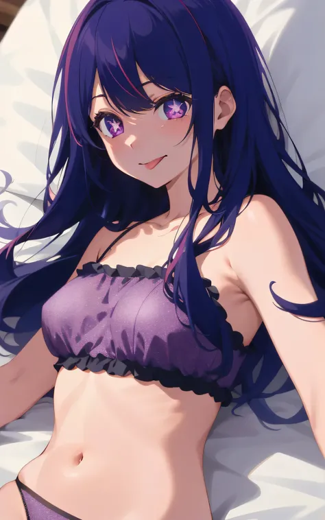 you would be absurd:2.0, (HoshinoAi、solo、medium breasts), realistic, Unity 8K Wallpaper, Masterpiece, detailed hair, highly detailed, realistic glistening skin、long hair, purple hair:1.2, tongue stickout, tongue, purple eyes, smile, idol, symbol-shaped pup...