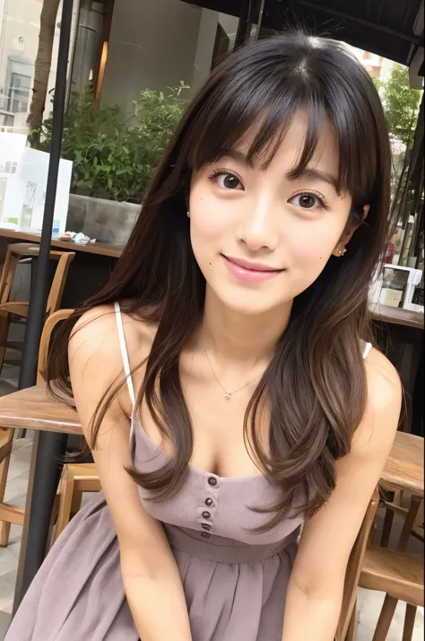 female japanese sitting on café terrace, elegant, long curly hair, turn, off shoulders, large round eyes, sunlight, with round f...