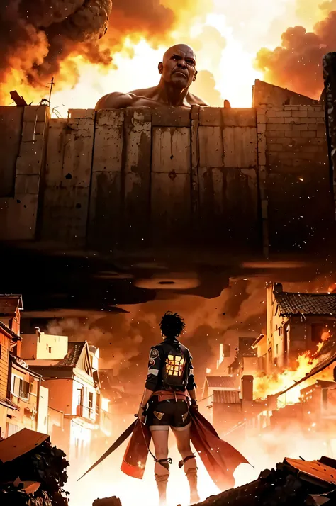 man in the middle of a town on fire looking up to a Giant wall with a skinless titan looking over it